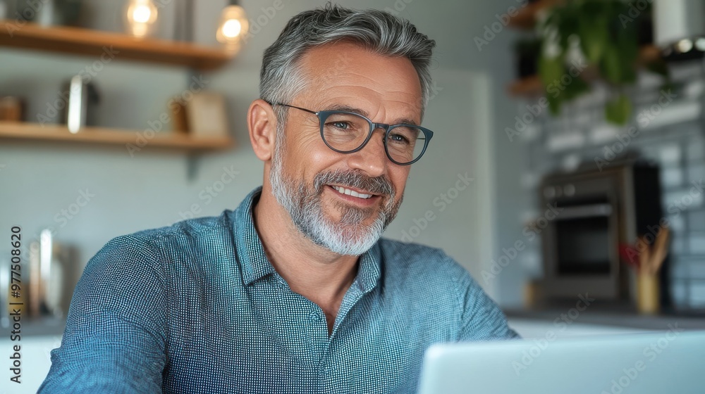 A cheerful man wearing glasses smiles warmly above a laptop, seated in a beautifully decorated modern home office, surrounded by books and soft lighting. A cheerful man wearing glasses smiles warmly above a laptop, seated in a beautifully decorated modern home office, surrounded by books and soft lighting.