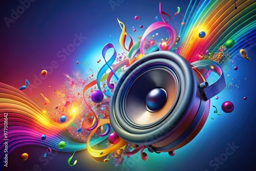 Vibrant 3D illustration of a music note bursting out of a playful speaker, surrounded by swirling sound waves and colorful musical notes in mid-air.