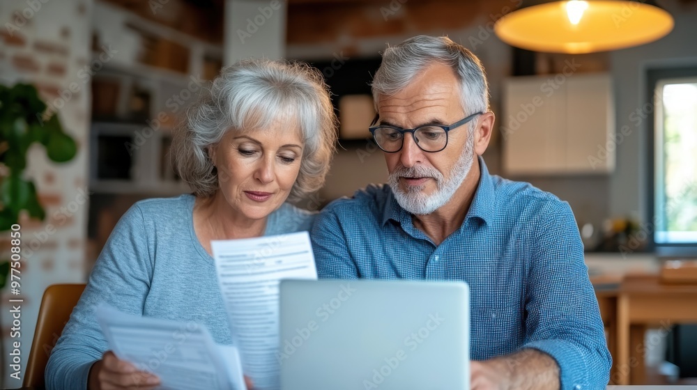 An older pair inspects paperwork while using a laptop, emphasizing careful attention to detail, teamwork, and effective communication in their home setting. An older pair inspects paperwork while using a laptop, emphasizing careful attention to detail, teamwork, and effective communication in their home setting.