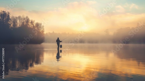 A fisherman casting a line into a calm lake at sunrise with mist rising.