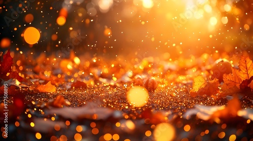 Autumn Leaves with Golden Bokeh and Glitter