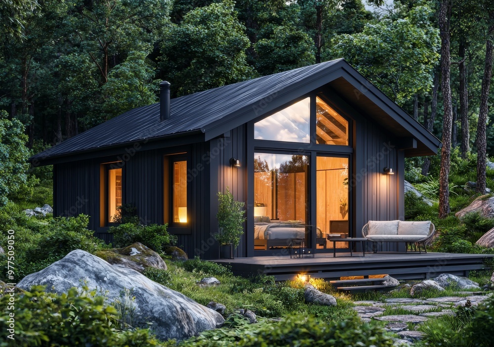 3D rendering of a modern black minimalist stylish house as an exterior concept; Stock 3D rendering of a modern black minimalist stylish house as an exterior concept; Stock