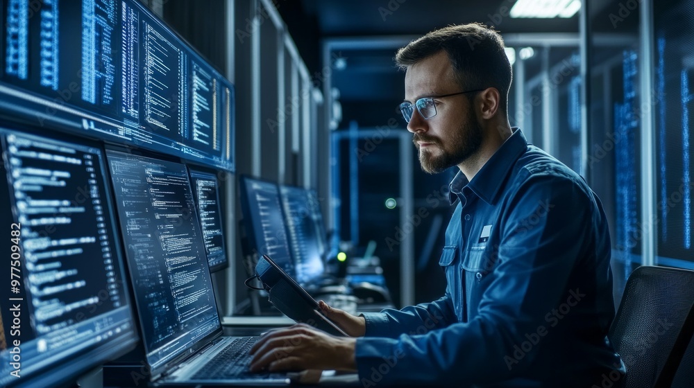 Young system administrator. Data Center Manager. Storage work In information processing. Young system administrator. Data Center Manager. Storage work In information processing.