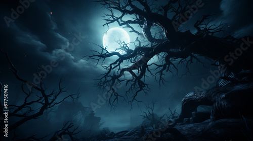 Eerie moonlit night with gnarled trees silhouetted against a glowing full moon