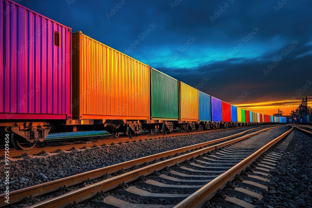 Colorful Cargo Containers on Train Track at Sunset Colorful Cargo Containers on Train Track at Sunset