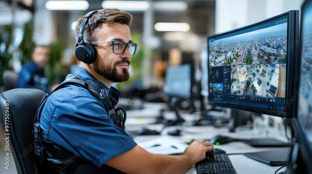 A security staff member is at his desk, equipped with a headset and multiple screens displaying various camera feeds. He is ensuring a high level of security and safety in the area. A security staff member is at his desk, equipped with a headset and multiple screens displaying various camera feeds. He is ensuring a high level of security and safety in the area.