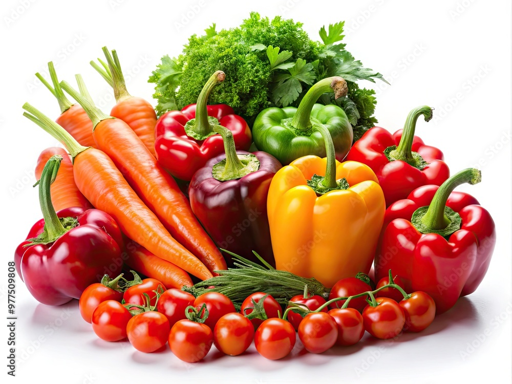 Vibrant array of fresh vegetables, including carrots, bell peppers, and cherry tomatoes, artfully arranged against a clean white studio background with subtle shadows. Vibrant array of fresh vegetables, including carrots, bell peppers, and cherry tomatoes, artfully arranged against a clean white studio background with subtle shadows.