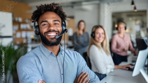 A confident man with a headset stands in an office setting, smiling broadly, showcasing a welcoming demeanor and readiness to assist with inquiries.