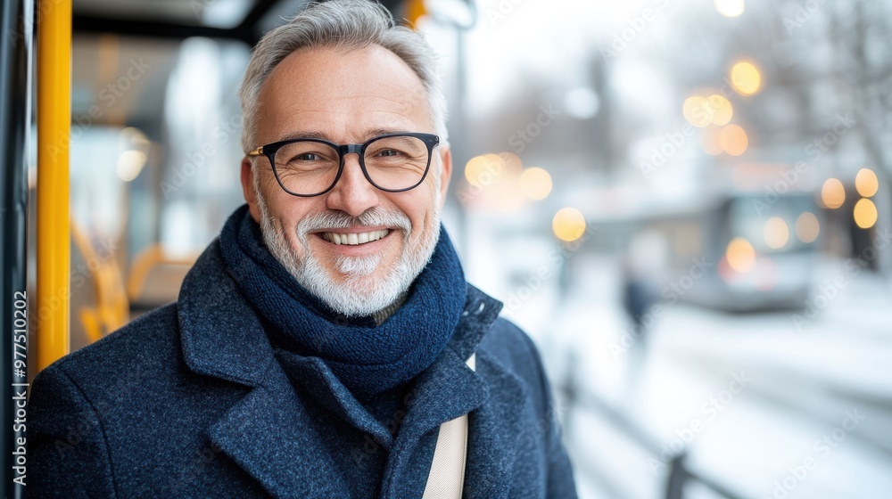An older gentleman, adorned in a cozy winter coat and scarf, stands beside a bus with a bright smile, facing the chilly yet lively urban atmosphere. An older gentleman, adorned in a cozy winter coat and scarf, stands beside a bus with a bright smile, facing the chilly yet lively urban atmosphere.