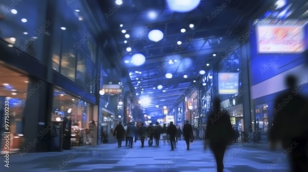 People meander through a lively urban shopping area under captivating blue lights People meander through a lively urban shopping area under captivating blue lights