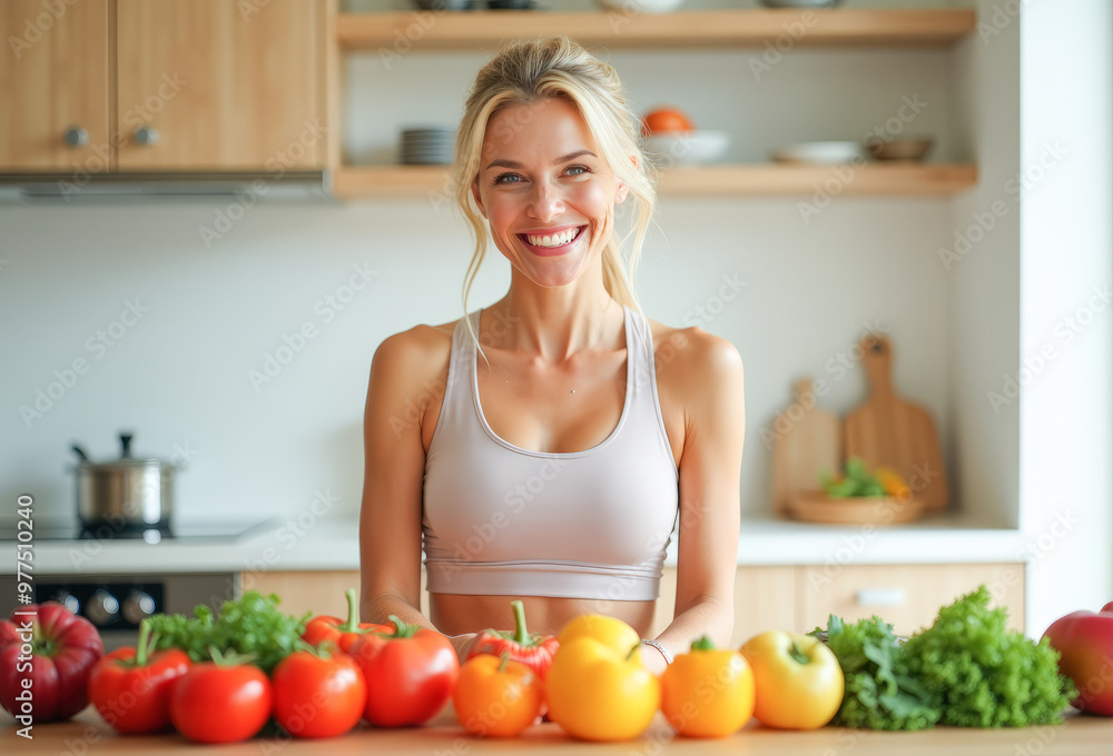 athletic woman smiling in the kitchen vegetables fruits athletic woman smiling in the kitchen vegetables fruits