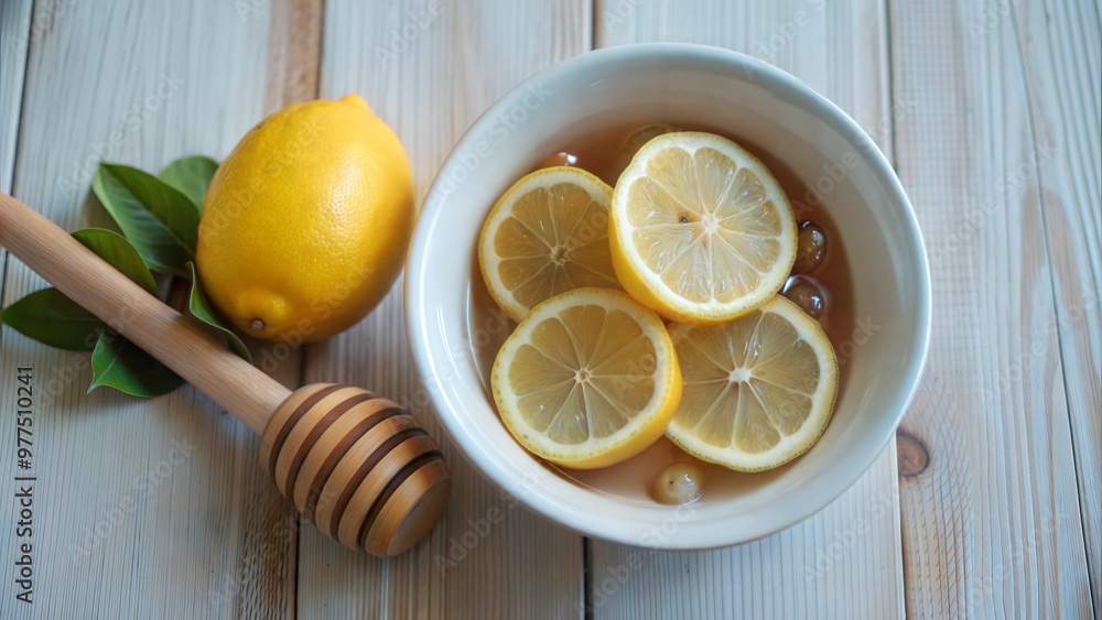 Cup of Lemon Water with Honey and Ginger on Wooden Table Cup of Lemon Water with Honey and Ginger on Wooden Table