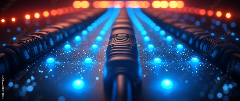 © vachom - Network switch and ethernet cables in data center. Data center hardware. Network servers in data room. Fiber Optic cables connected to an optic ports in data center