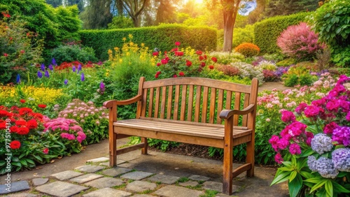 Vibrant blooming flowers surround a quaint, rustic wooden bench amidst lush greenery in a serene and peaceful nursery setting, evoking feelings of serenity and tranquility.