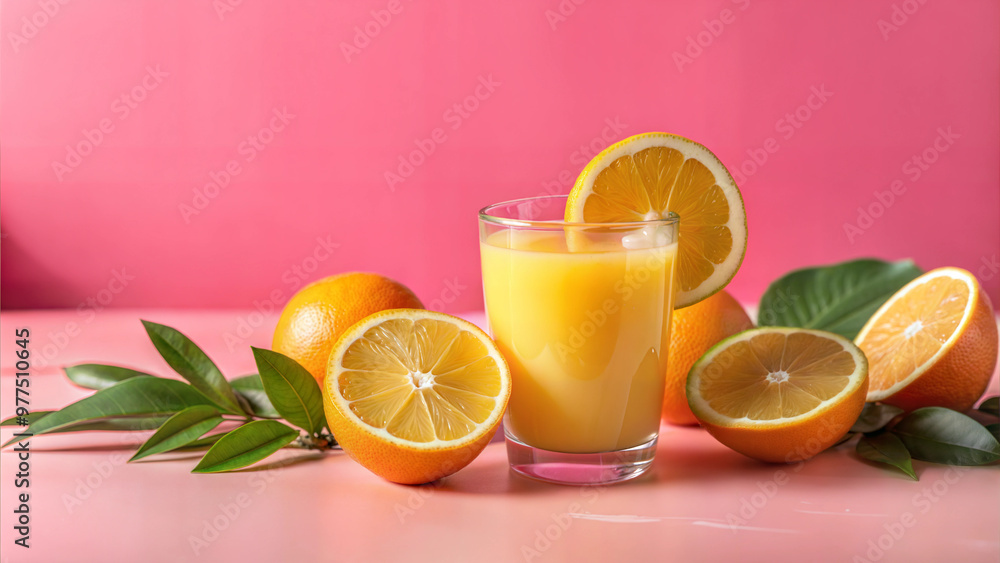 Glass of Fresh Orange Juice with Whole and Sliced Oranges on Pink Background Glass of Fresh Orange Juice with Whole and Sliced Oranges on Pink Background