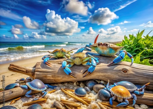 Vibrant blue crabs and sand-colored hermit crabs scuttle across a weathered driftwood-strewn beach, surrounded by seaweed and shells, under a bright sunny sky. photo