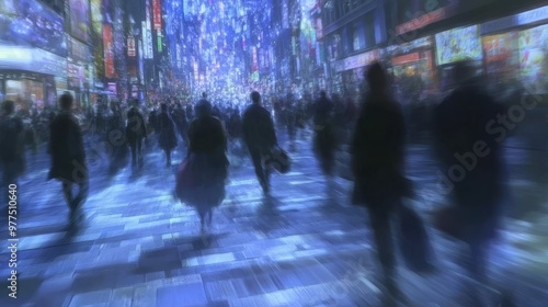 Crowds move swiftly through a neon lit urban landscape during a dynamic evening rush hour