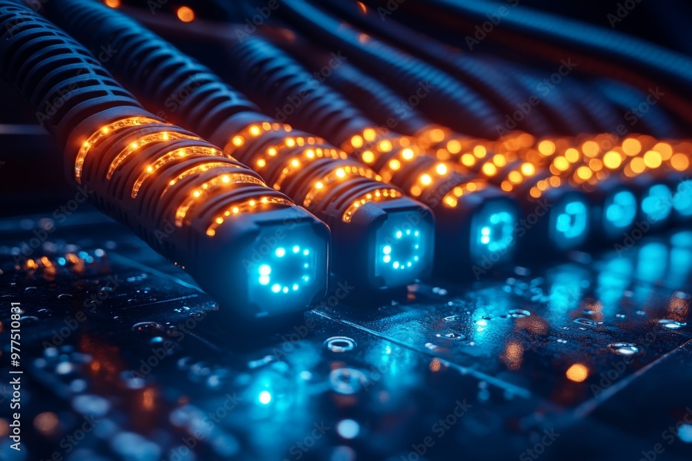 Network switch and ethernet cables in data center. Data center hardware. Network servers in data room. Fiber Optic cables connected to an optic ports in data center Network switch and ethernet cables in data center. Data center hardware. Network servers in data room. Fiber Optic cables connected to an optic ports in data center