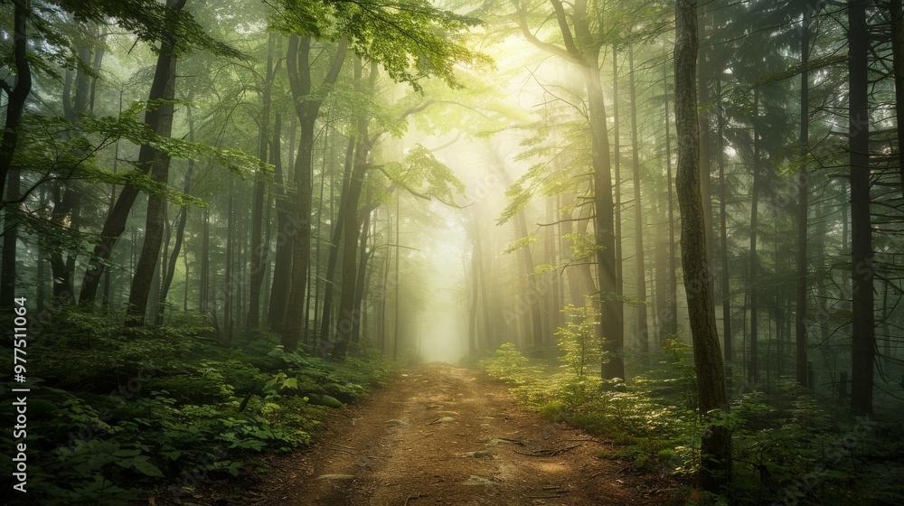 Obraz premium A foggy path winding through dense trees, with sunlight breaking through the mist and illuminating the forest floor