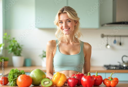 athletic woman smiling in the kitchen vegetables fruits