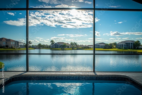 With screened glass lanai and private pool with view of tropical lake in Florida, clean house with blue water