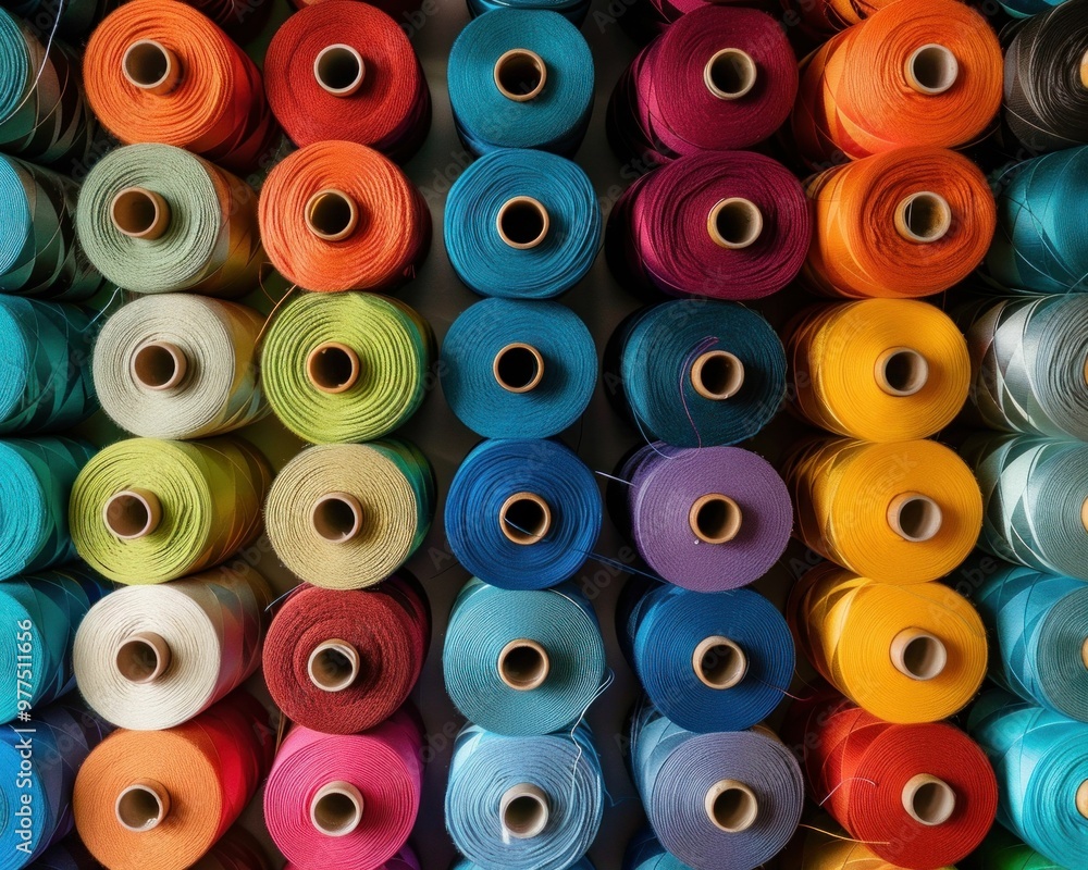 Colorful spools of thread arranged in neat rows showcasing a vibrant palette of colors in a sewing studio Colorful spools of thread arranged in neat rows showcasing a vibrant palette of colors in a sewing studio