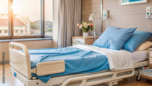 Hospital bed with blue linens in sunlit room with large windows and medical equipment