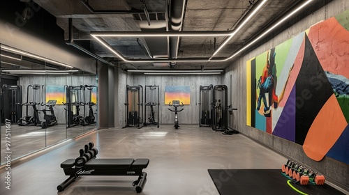 Contemporary Style Basement Gym with Polished Concrete Floors, Full-Length Mirrors, Modern Exercise Equipment, Vibrant Wall Art, Sleek Sound System, Neon LED Strip Lights, Rubber Mats in Workout Areas