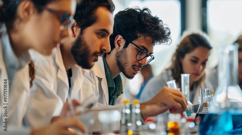 A group of adult students in a lab setting, conducting experiments and analyzing results with scientific equipment A group of adult students in a lab setting, conducting experiments and analyzing results with scientific equipment
