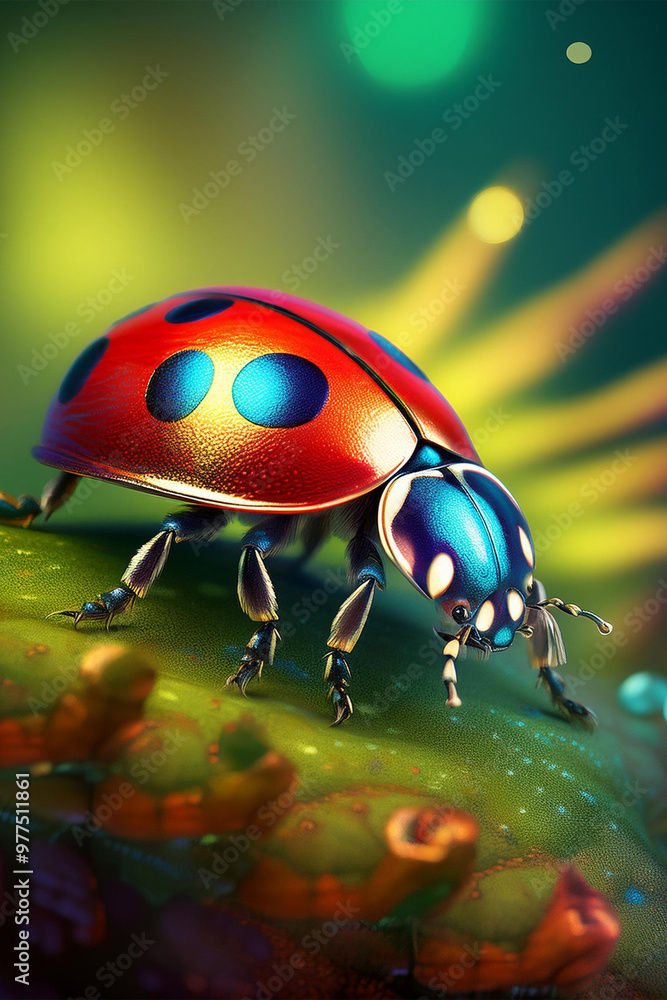Macro shot of a red ladybird insect on a green leaf Macro shot of a red ladybird insect on a green leaf
