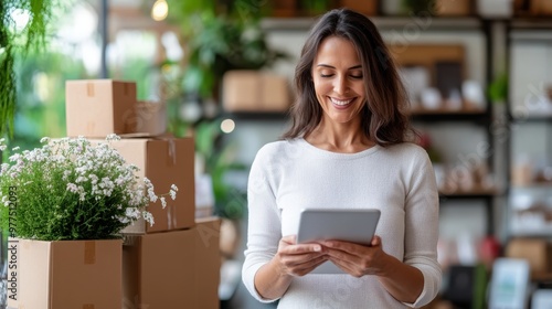 A smiling woman standing amidst boxes while using a tablet signifies the excitement of moving or receiving packages, paired with technology and connected living. photo