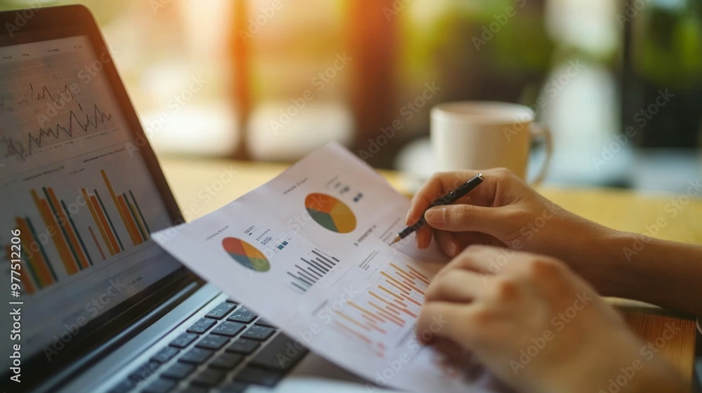 Photo of hands holding and pointing at financial charts on paper Photo of hands holding and pointing at financial charts on paper
