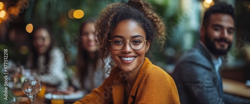 Happy Young Woman Smiling at Camera with Friends in Background