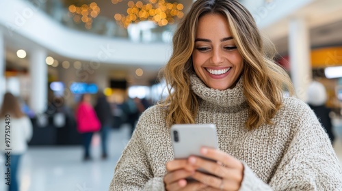 A young woman with long hair happily looks at her smartphone surrounded by the bright lights and bustling atmosphere of a busy shopping mall.