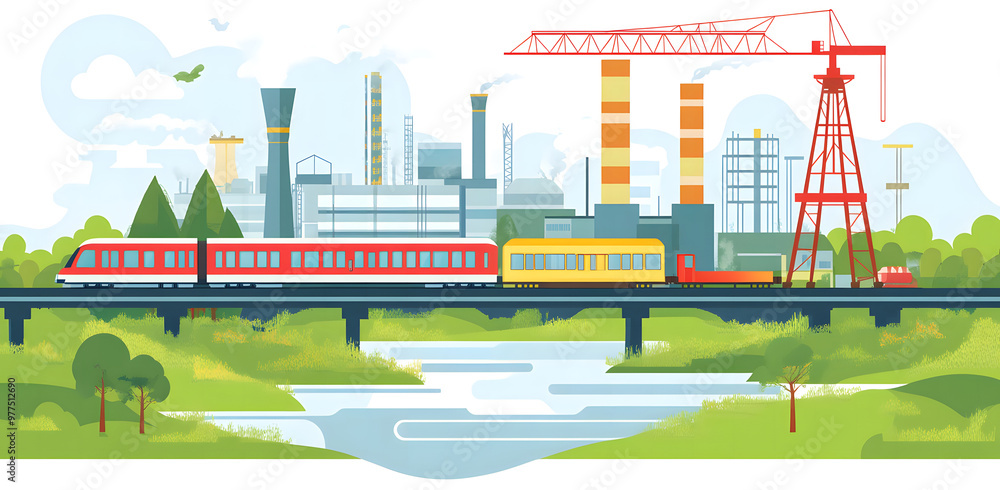 Obraz premium Industrial Construction Site with Crane and Train Crossing Over River in a Scenic Landscape