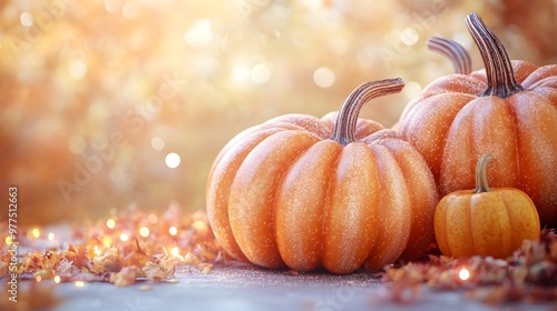 Autumn Pumpkins with Sparkling Bokeh Background