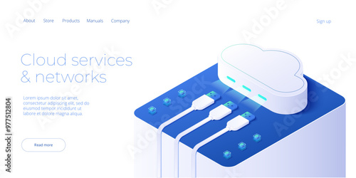 Cloud storage download isometric vector illustration. Digital service or app with data transfering. Online computing technology. Server center and datacenter network