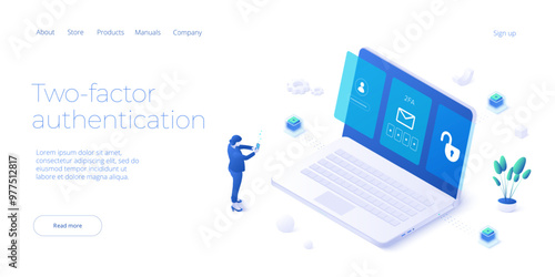 2 factor authentication isometric vector illustration. Digital service or app with laptop unclocked via sms and touch id scanning. Personal information and device security concept
