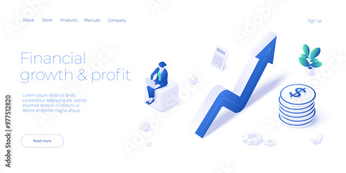 Positive trend isometric vector illustration. Business analysis for company marketing solutions or financial performance. Budget accounting or statistics concept for increasing income.