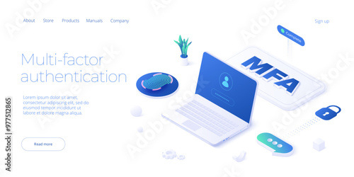 Multi-factor authentication isometric vector illustration. Digital service or app with laptop unclocked via sms and touch id scanning. Personal information and device security concept