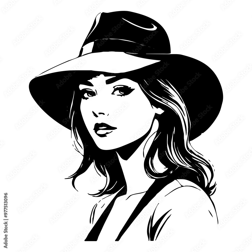 Fictional character of a woman with a hat. Black and white illustration. Logo design for use in graphics. Generated by Ai Fictional character of a woman with a hat. Black and white illustration. Logo design for use in graphics. Generated by Ai