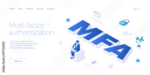Multi-factor authentication isometric vector illustration. Digital service or app with laptop unclocked via sms and touch id scanning. Personal information and device security concept