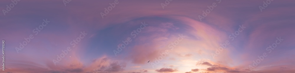Fototapeta premium Sunset sky with bright glowing pink Cirrus clouds. Seamless spherical HDR 360 panorama. Full zenith or sky dome in 3D, sky replacement for aerial drone panoramas. Climate and weather change.