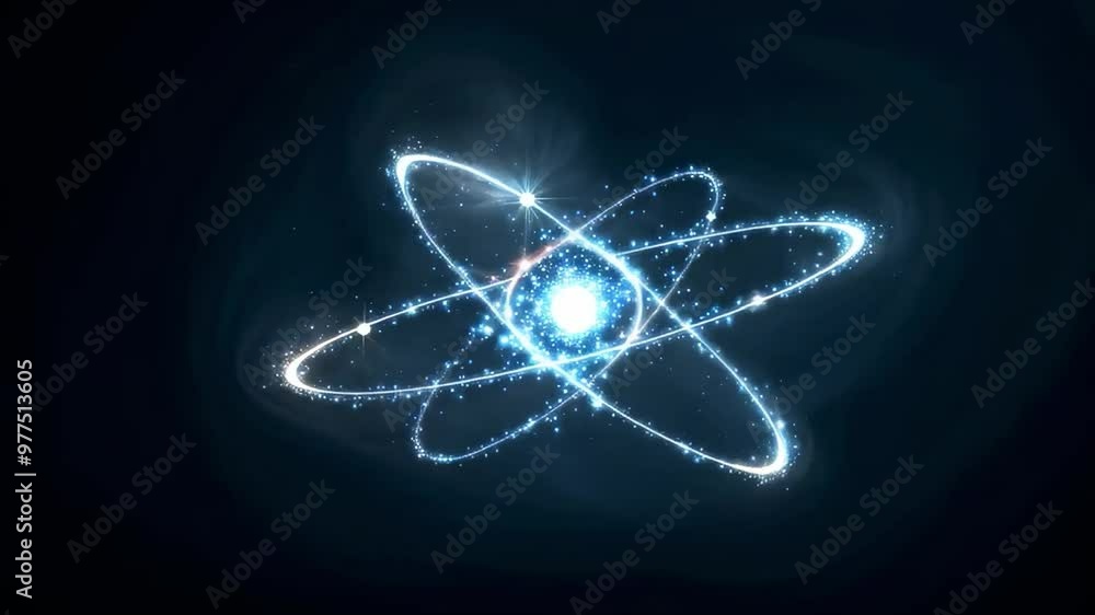 Looped Luminous Atomic Model Animation with Orbiting Electron Shells in a Celestial Environment Looped Luminous Atomic Model Animation with Orbiting Electron Shells in a Celestial Environment