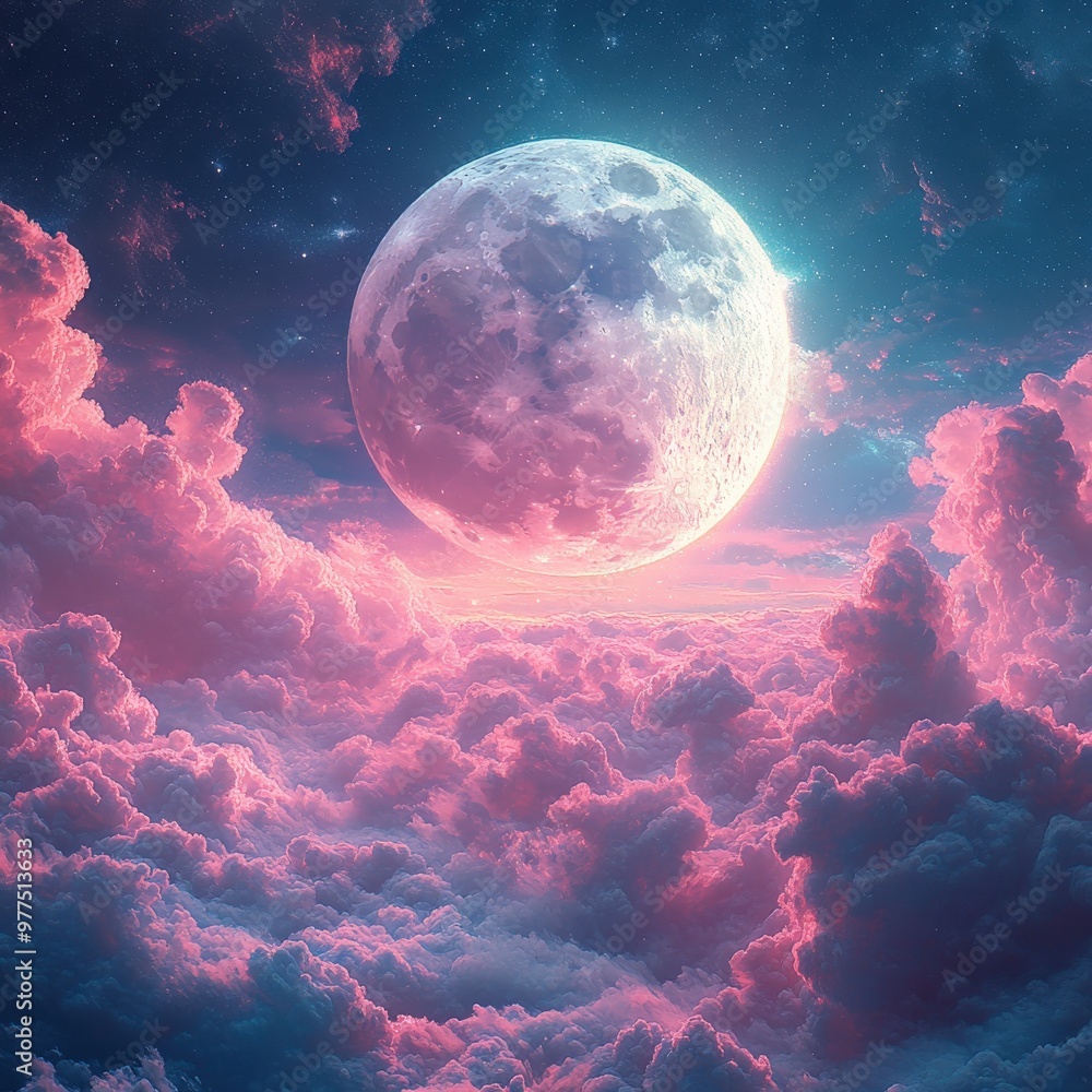 Celestial crystal moon glowing in the night sky Celestial crystal moon glowing in the night sky