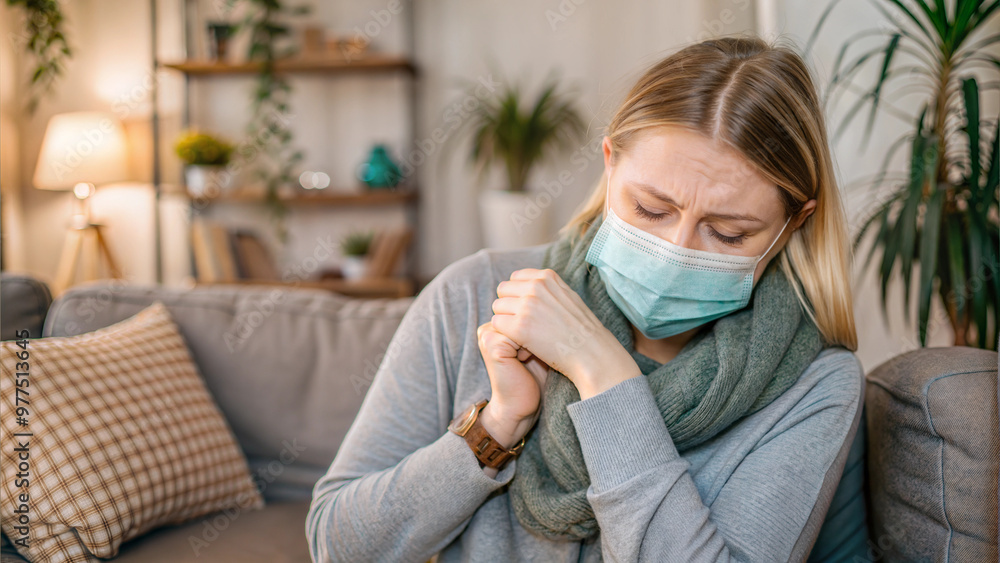 Woman with cold sitting at home sneezing into tissue while feeling unwell Woman with cold sitting at home sneezing into tissue while feeling unwell