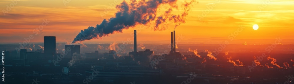 Industrial Sunset with Smoke Stacks and Cityscape Industrial Sunset with Smoke Stacks and Cityscape