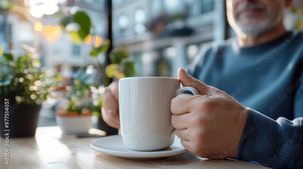 An elderly man enjoys a cup of coffee in a cozy café with plants and soft lighting, evoking a sense of comfort, warmth, and the simple pleasures of life. An elderly man enjoys a cup of coffee in a cozy café with plants and soft lighting, evoking a sense of comfort, warmth, and the simple pleasures of life.