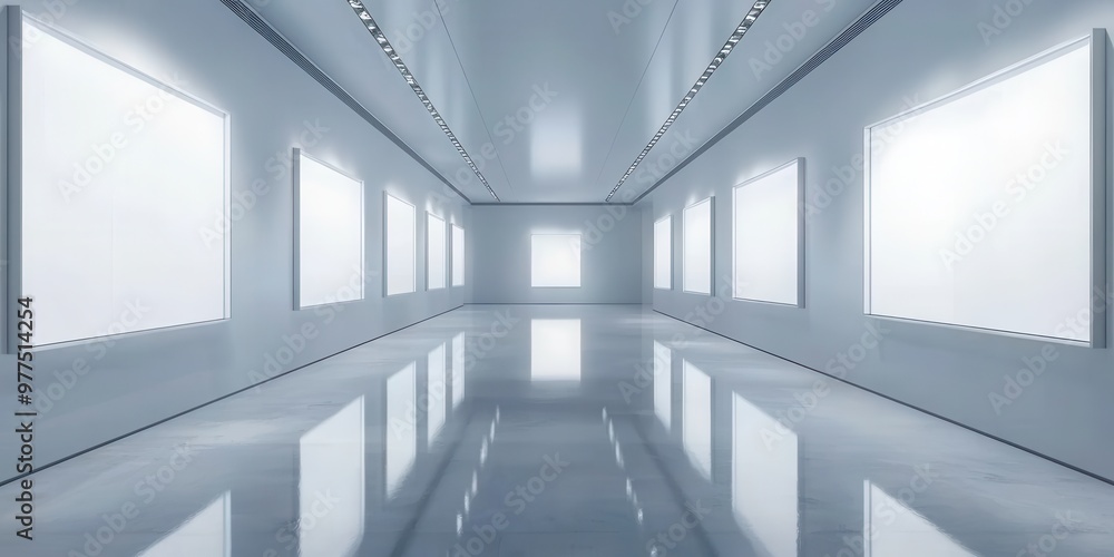Obraz premium A modern art gallery interior with white walls and reflective floor, perfect for showcasing contemporary artwork.