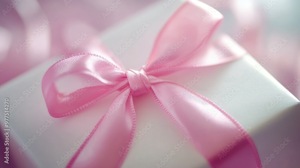 A close-up of a pink breast cancer ribbon tied to a white box with a bow, gently lit by soft natural light. Focus on the ribbon. No people. A close-up of a pink breast cancer ribbon tied to a white box with a bow, gently lit by soft natural light. Focus on the ribbon. No people.